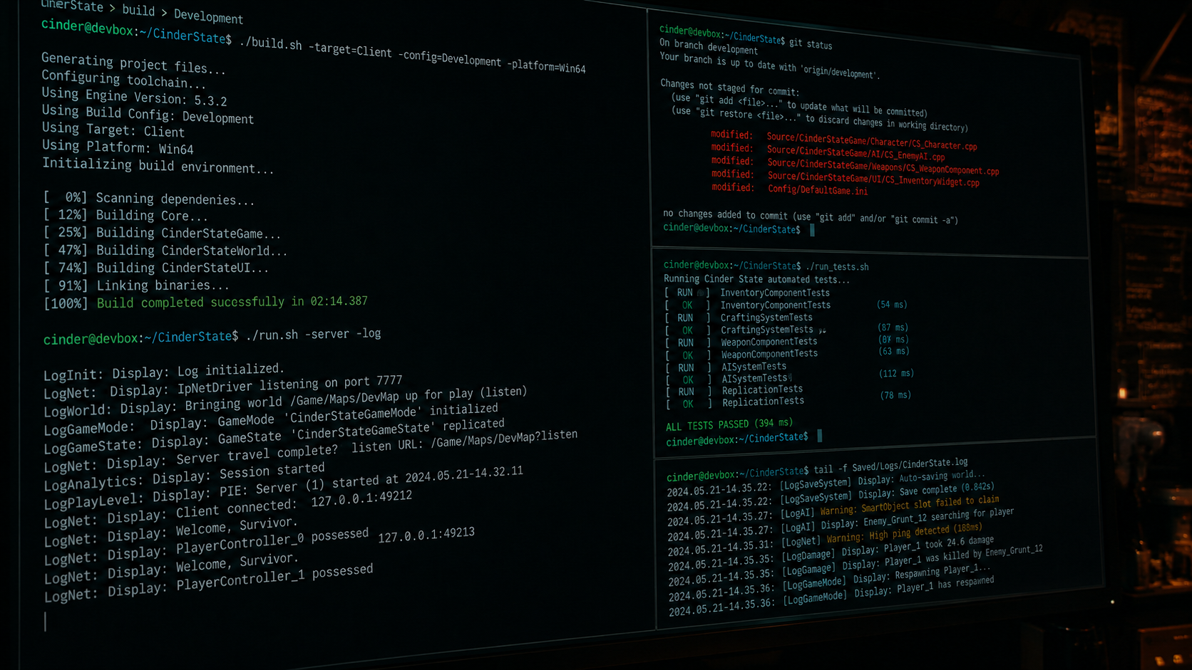 Dim coding terminal with development logs and code.