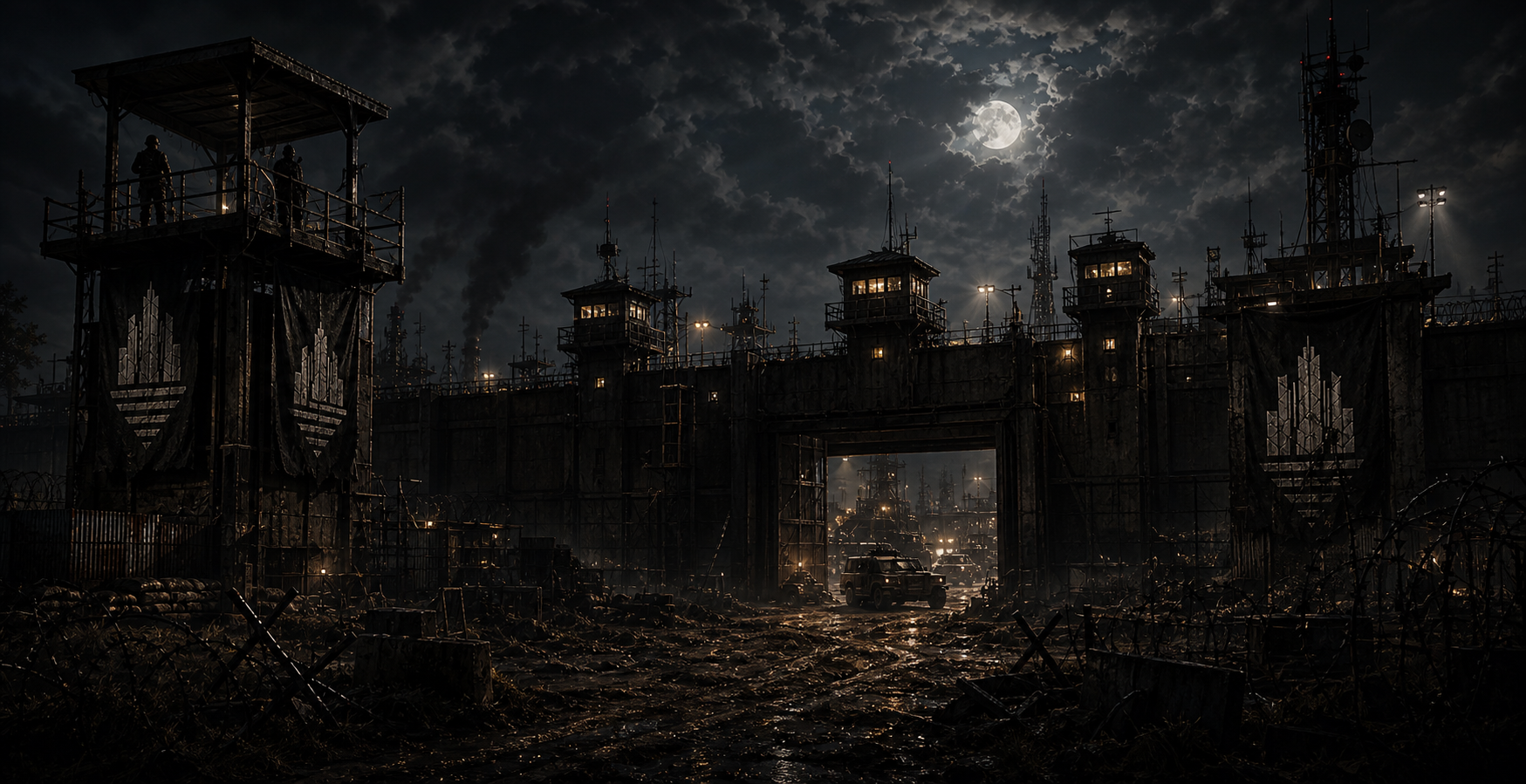 Fortified Cinder State compound with watchtowers and a moonlit gate.