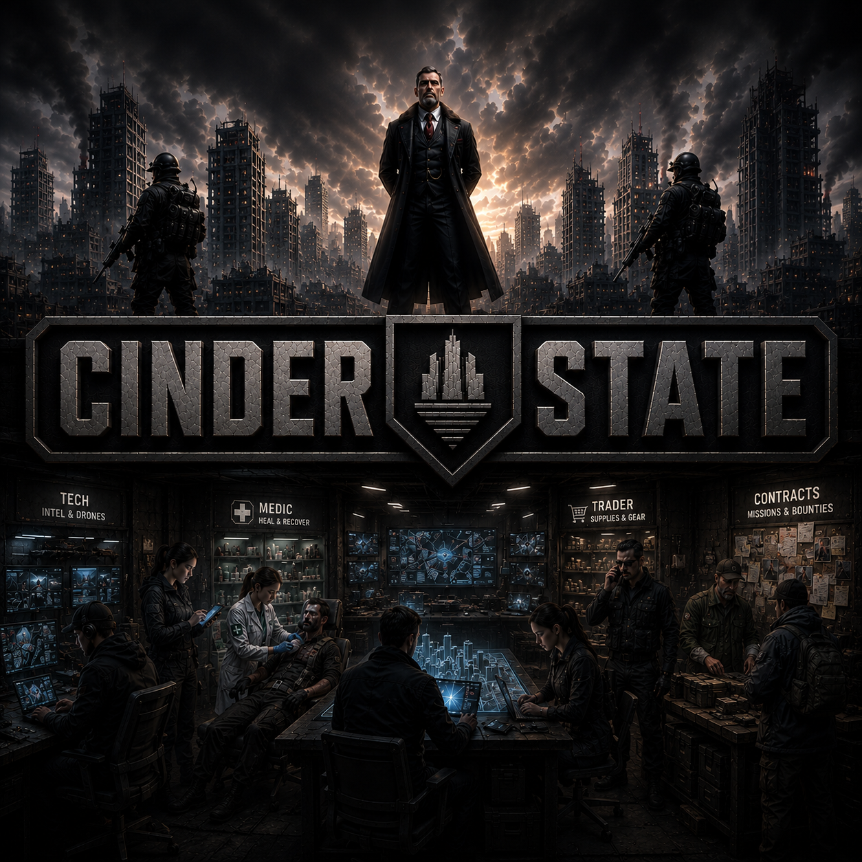 Cinder State key art with ruined city, leader, guards, and survivor support roles.